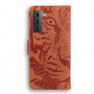 Capa De Couro Para Samsung Galaxy S21 Plus 5G Estampa Cara De Tigre