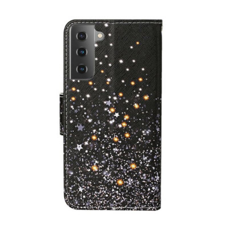 Capa De Couro Para Samsung Galaxy S21 Plus 5G Estrelas E Lantejoulas Com Cordão