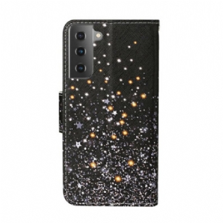 Capa De Couro Para Samsung Galaxy S21 Plus 5G Estrelas E Lantejoulas Com Cordão