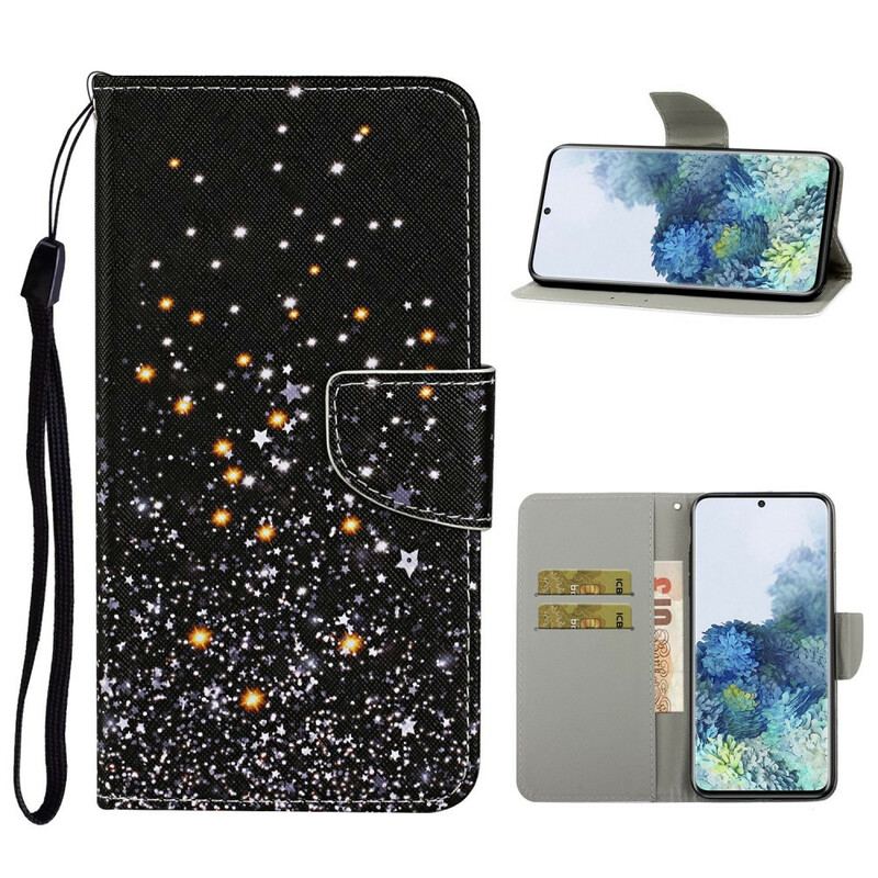 Capa De Couro Para Samsung Galaxy S21 Plus 5G Estrelas E Lantejoulas Com Cordão