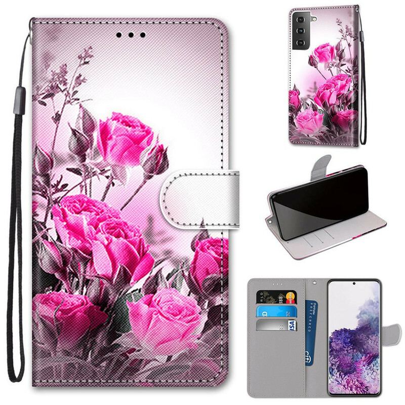 Capa De Couro Para Samsung Galaxy S21 Plus 5G Flores Mágicas