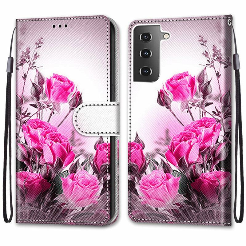 Capa De Couro Para Samsung Galaxy S21 Plus 5G Flores Mágicas