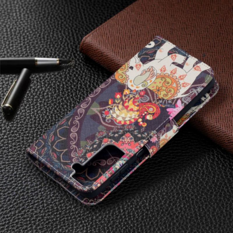 Capa De Couro Para Samsung Galaxy S21 Plus 5G Mandala De Elefantes Étnicos