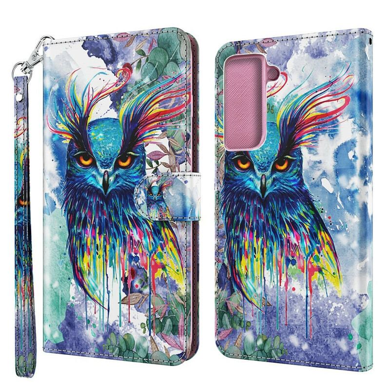 Capa De Couro Para Samsung Galaxy S21 Plus 5G Pássaro Aquarela