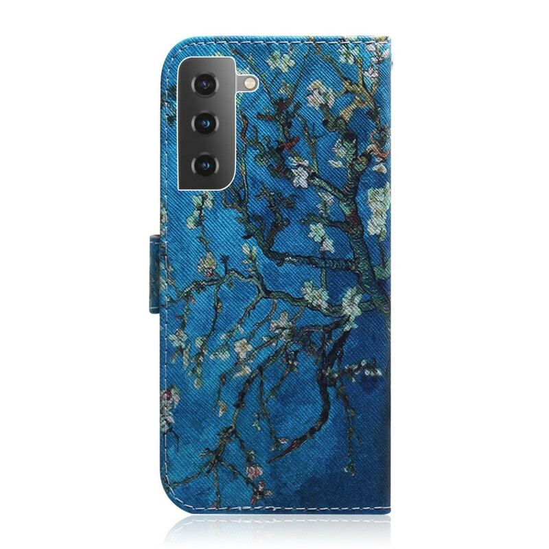 Capa De Couro Para Samsung Galaxy S21 Plus 5G Ramo De Árvore Florido