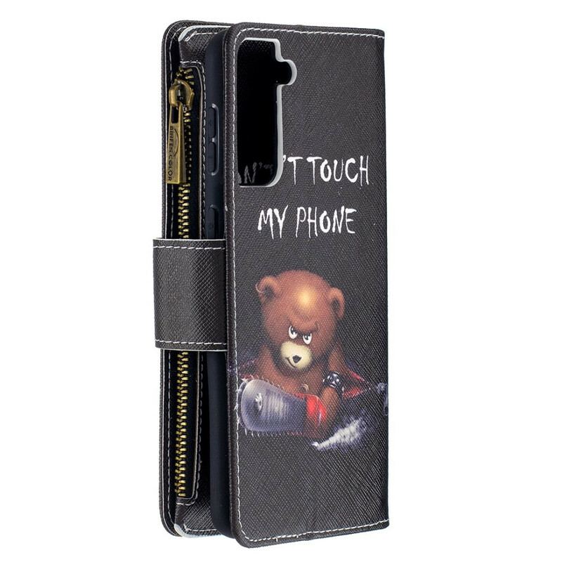 Capa De Couro Para Samsung Galaxy S21 Plus 5G Urso De Bolso Com Zíper