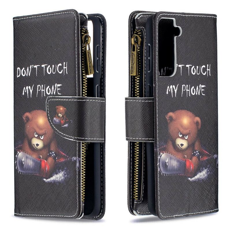 Capa De Couro Para Samsung Galaxy S21 Plus 5G Urso De Bolso Com Zíper