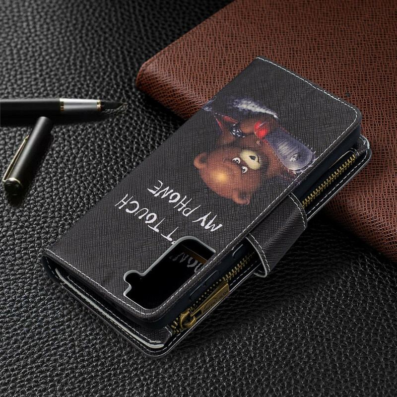 Capa De Couro Para Samsung Galaxy S21 Plus 5G Urso De Bolso Com Zíper