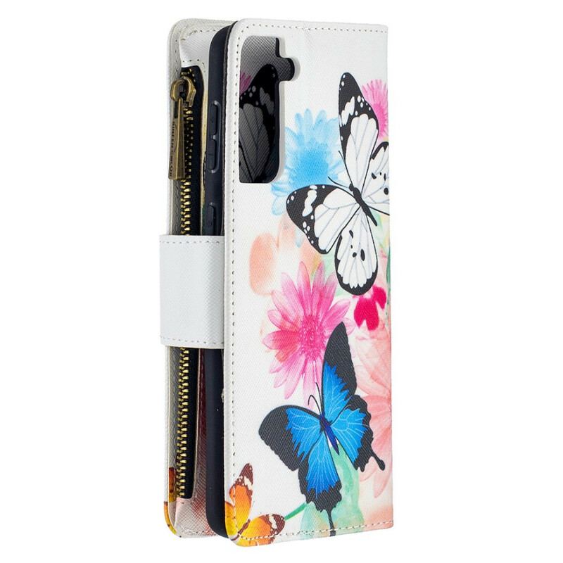 Capa Flip Para Samsung Galaxy S21 Plus 5G Bolso Com Zíper De Borboletas