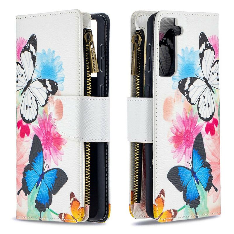 Capa Flip Para Samsung Galaxy S21 Plus 5G Bolso Com Zíper De Borboletas