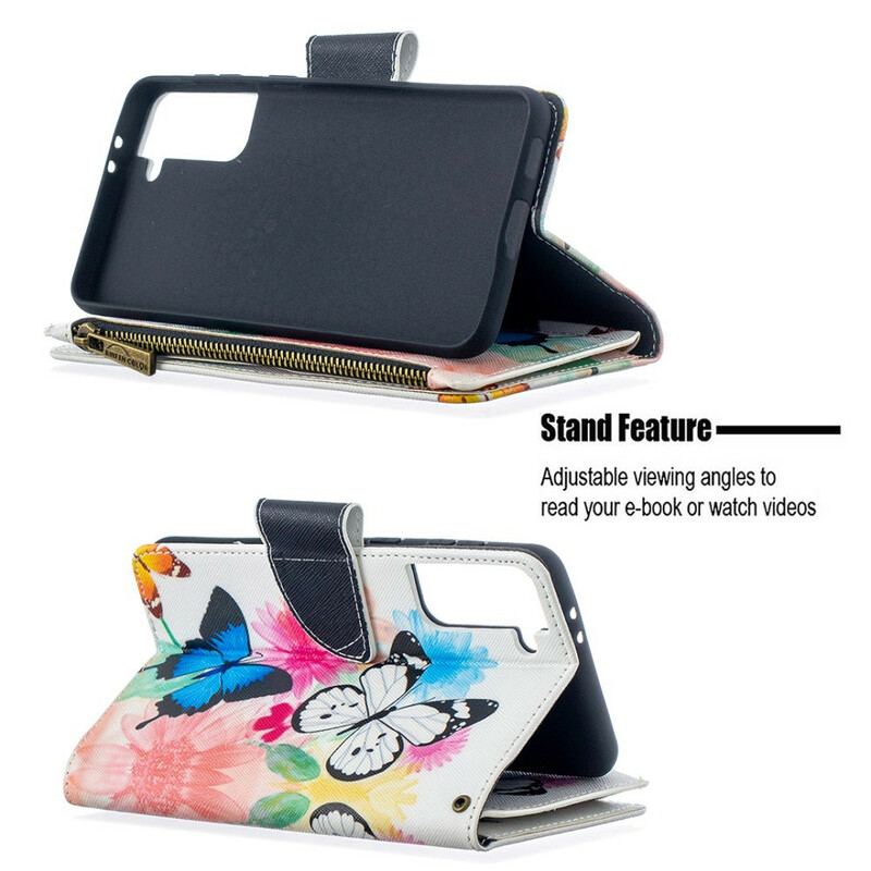 Capa Flip Para Samsung Galaxy S21 Plus 5G Bolso Com Zíper De Borboletas