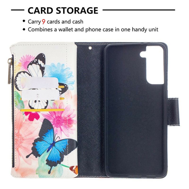 Capa Flip Para Samsung Galaxy S21 Plus 5G Bolso Com Zíper De Borboletas