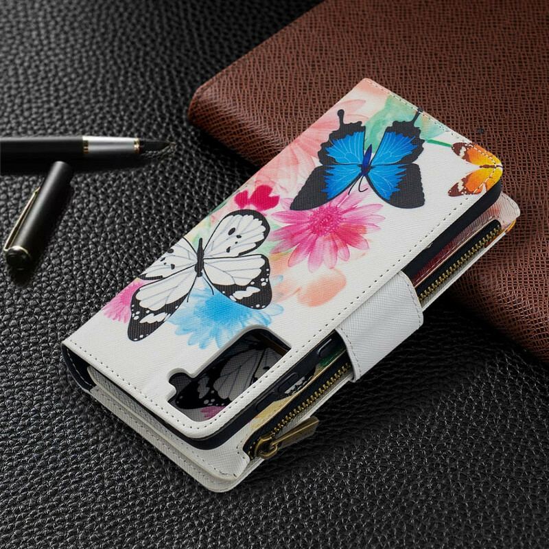 Capa Flip Para Samsung Galaxy S21 Plus 5G Bolso Com Zíper De Borboletas