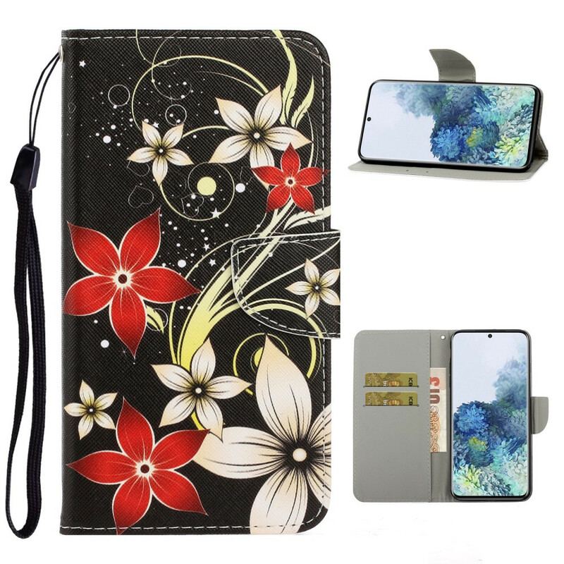 Capa Flip Para Samsung Galaxy S21 Plus 5G De Cordão Flores Coloridas Com Tiras