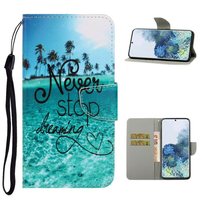 Capa Flip Para Samsung Galaxy S21 Plus 5G De Cordão Nunca Pare De Sonhar Com Strappy Navy