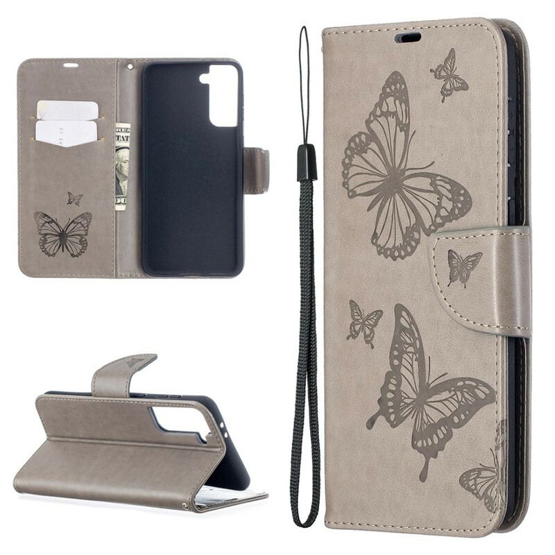 Capa Flip Para Samsung Galaxy S21 Plus 5G De Couro Borboletas E Aba Oblíqua