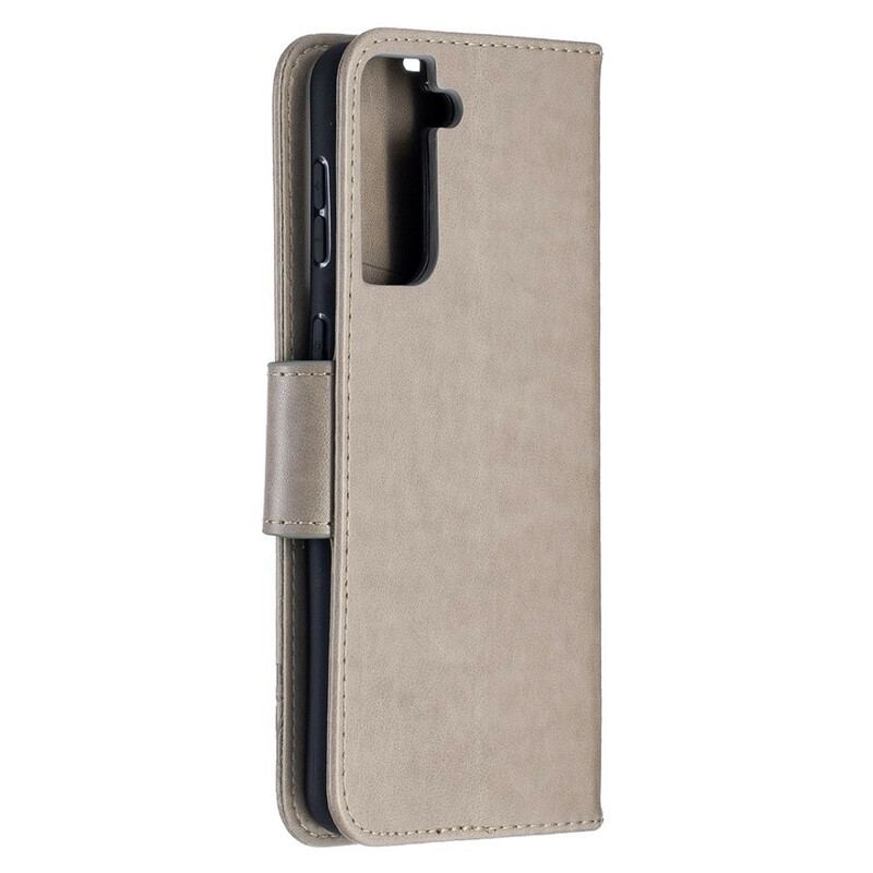 Capa Flip Para Samsung Galaxy S21 Plus 5G De Couro Borboletas E Aba Oblíqua