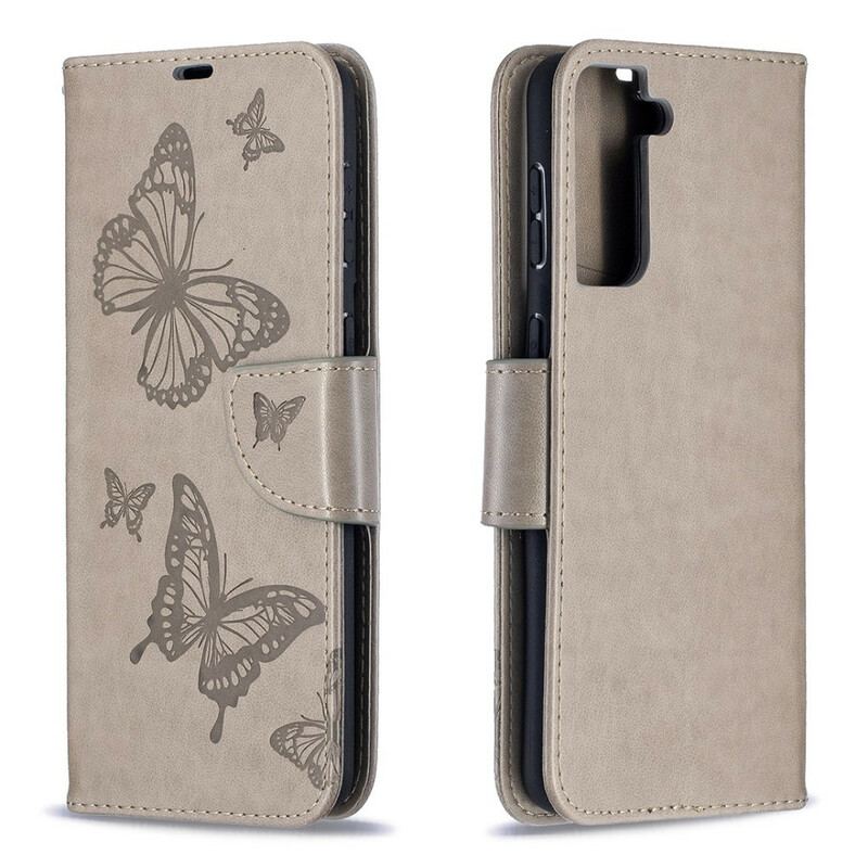 Capa Flip Para Samsung Galaxy S21 Plus 5G De Couro Borboletas E Aba Oblíqua