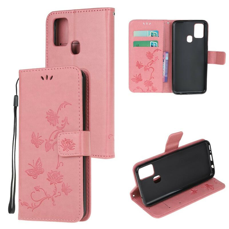 Capa Flip Para Samsung Galaxy M21 De Cordão Tanga Borboletas E Flores