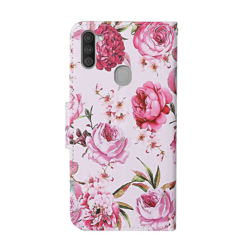 Capa Em Pele Para Samsung Galaxy M11 Flores Magistrais Com Alça