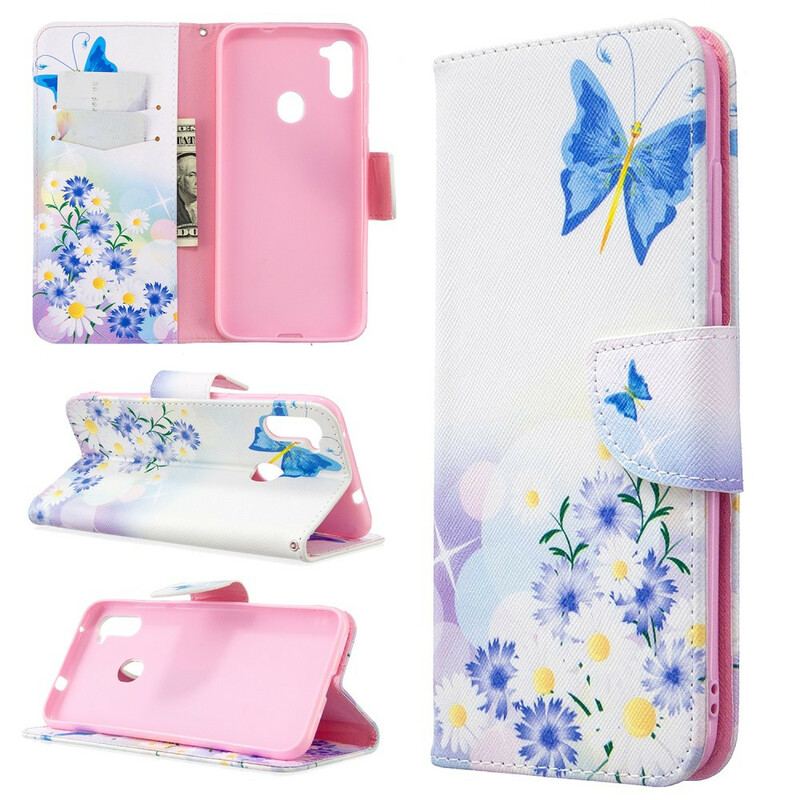 Capa Folio Para Samsung Galaxy M11 Borboletas E Flores Pintadas