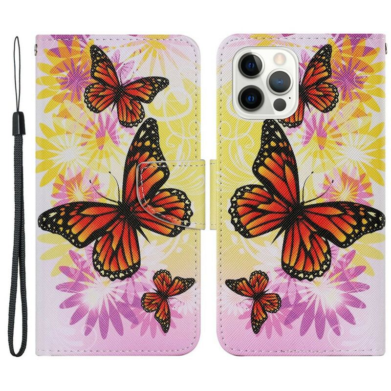 Capa De Couro Para iPhone 13 Pro Borboletas E Flores De Verão