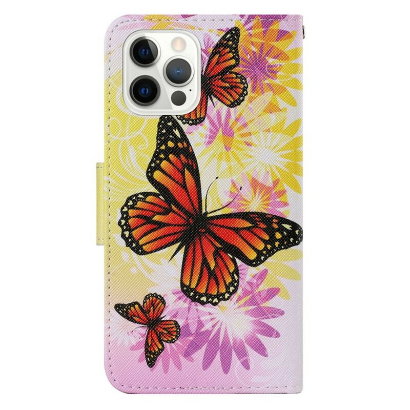 Capa De Couro Para iPhone 13 Pro Borboletas E Flores De Verão