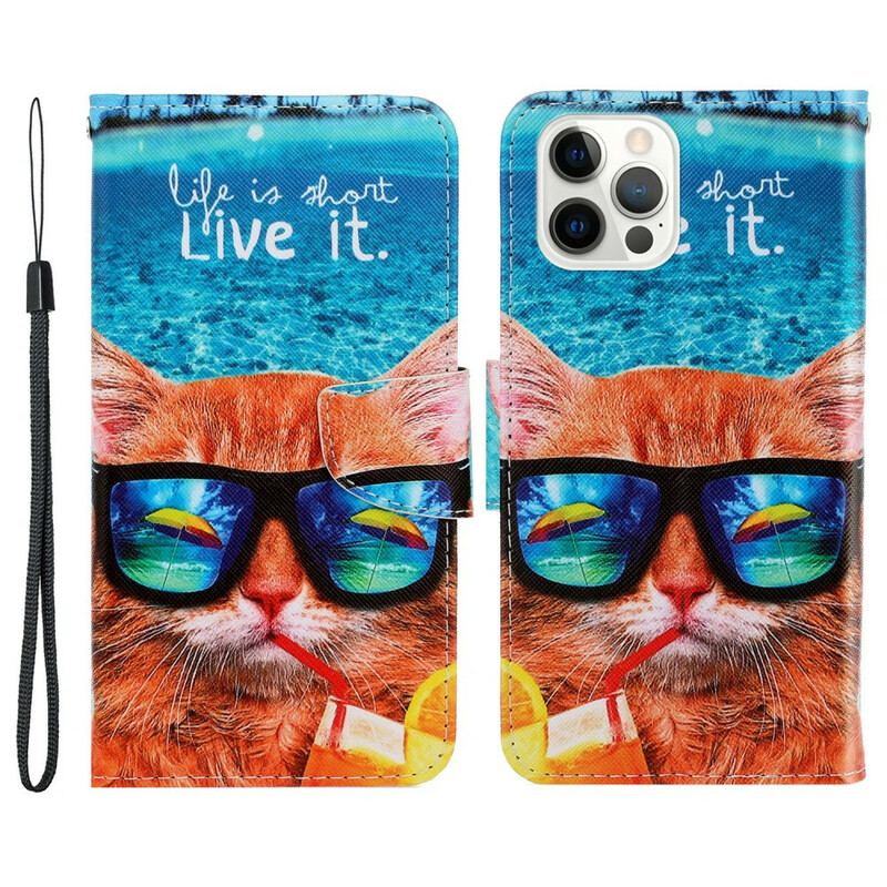 Capa De Couro Para iPhone 13 Pro De Cordão Cat Live It Strappy