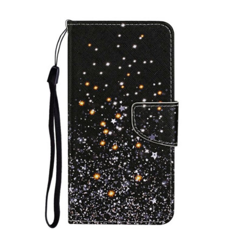 Capa De Couro Para iPhone 13 Pro Estrelas E Lantejoulas Com Cordão