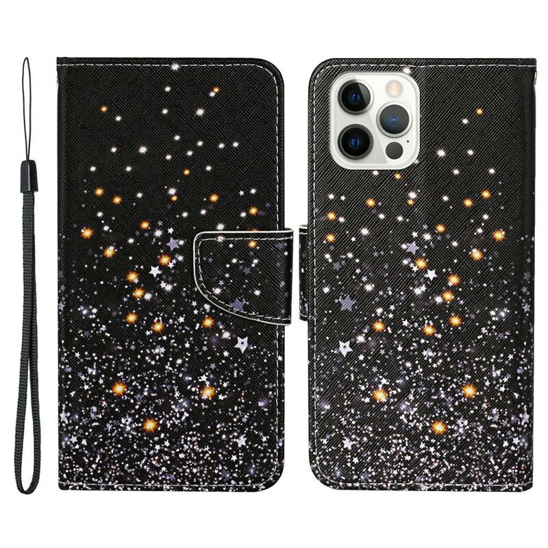 Capa De Couro Para iPhone 13 Pro Estrelas E Lantejoulas Com Cordão