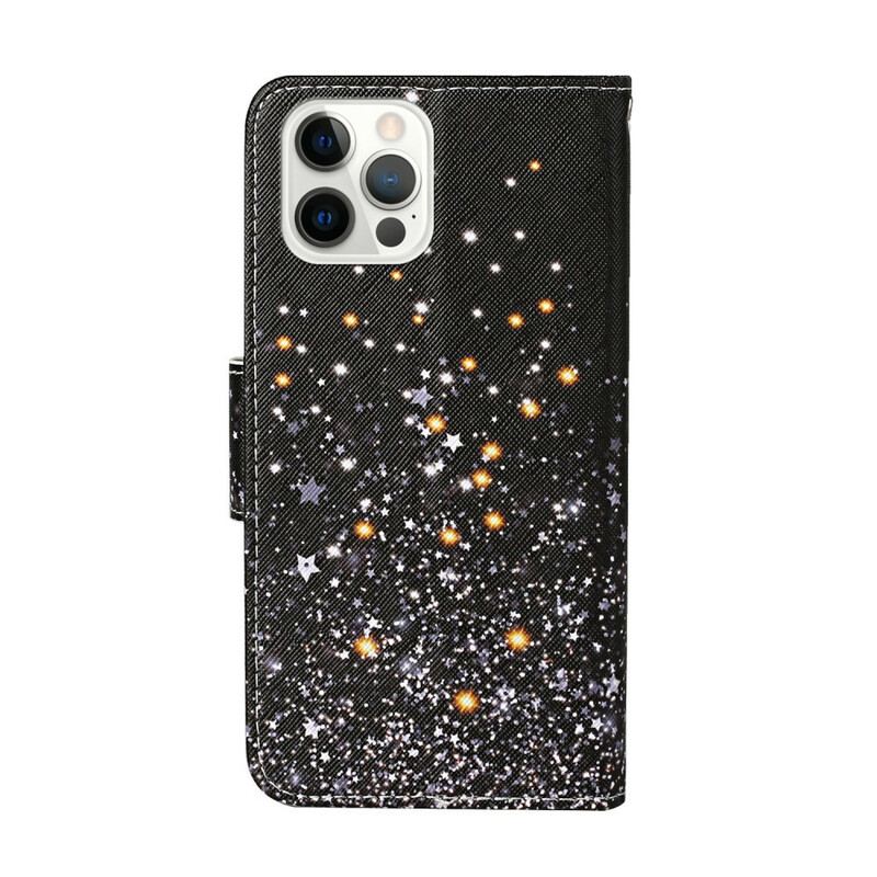 Capa De Couro Para iPhone 13 Pro Estrelas E Lantejoulas Com Cordão