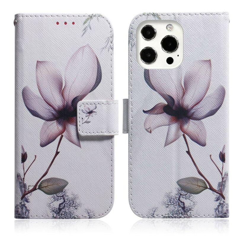 Capa De Couro Para iPhone 13 Pro Flor Rosa Empoeirado