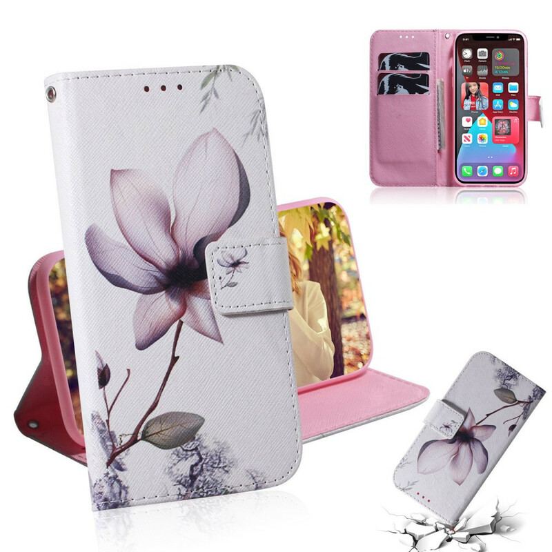 Capa De Couro Para iPhone 13 Pro Flor Rosa Empoeirado