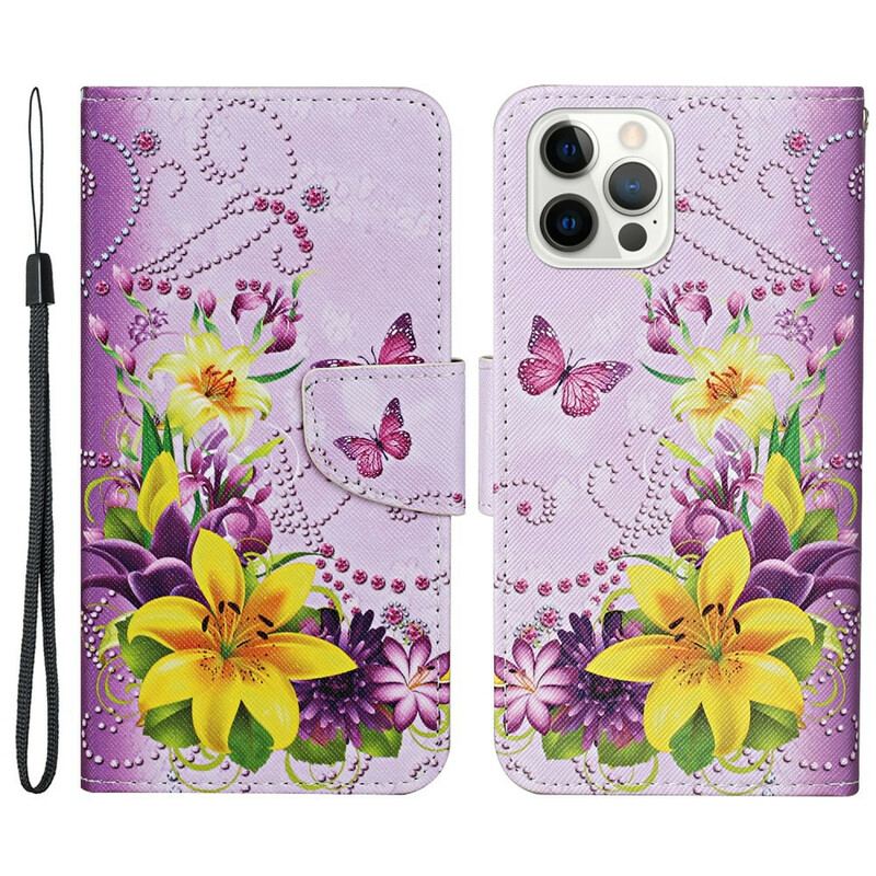 Capa De Couro Para iPhone 13 Pro Flores Magistrais Com Alça