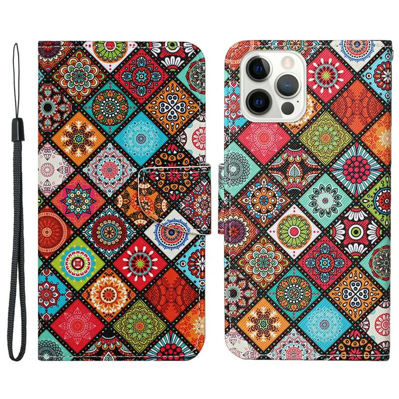 Capa De Couro Para iPhone 13 Pro Mandalas De Patchwork Com Cordão