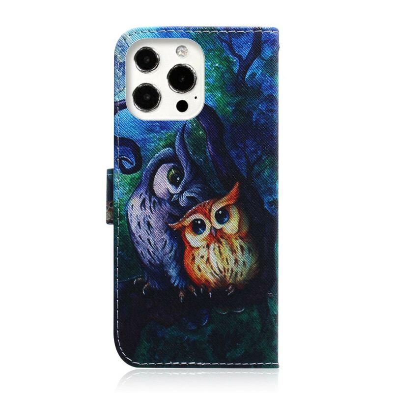 Capa De Couro Para iPhone 13 Pro Pintura De Corujas