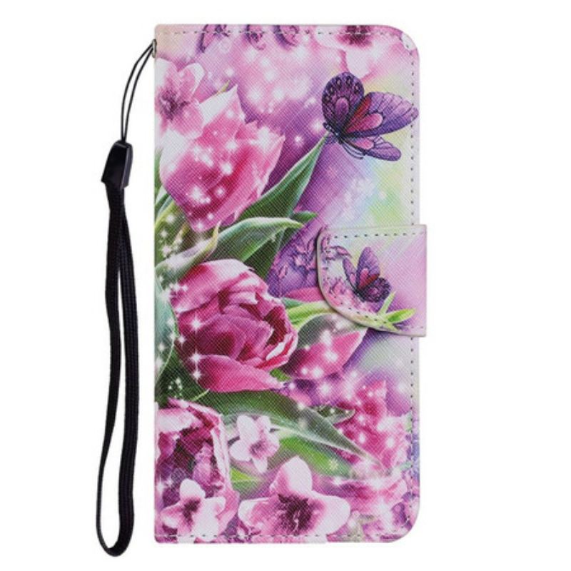 Capa Em Pele Para iPhone 13 Pro Borboletas E Tulipas