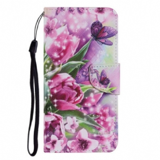 Capa Em Pele Para iPhone 13 Pro Borboletas E Tulipas