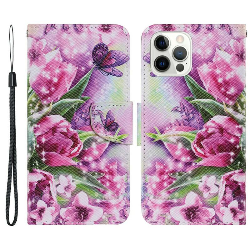 Capa Em Pele Para iPhone 13 Pro Borboletas E Tulipas