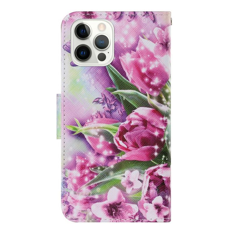 Capa Em Pele Para iPhone 13 Pro Borboletas E Tulipas