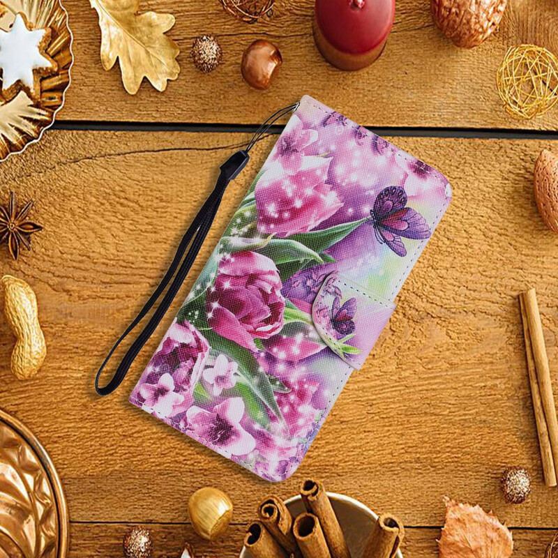 Capa Em Pele Para iPhone 13 Pro Borboletas E Tulipas