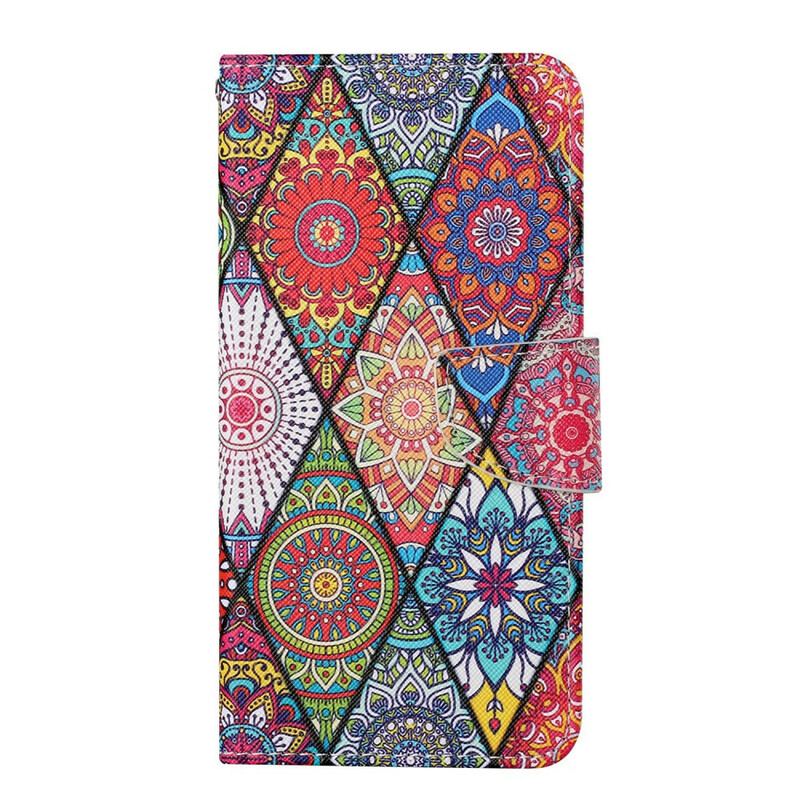 Capa Em Pele Para iPhone 13 Pro Patchwork Com Cordão