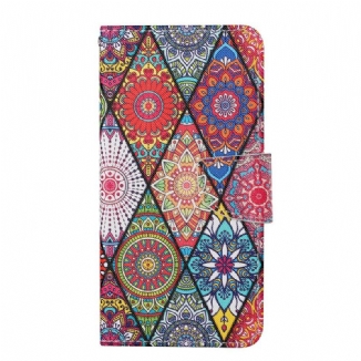 Capa Em Pele Para iPhone 13 Pro Patchwork Com Cordão