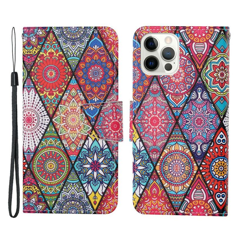 Capa Em Pele Para iPhone 13 Pro Patchwork Com Cordão