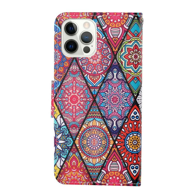 Capa Em Pele Para iPhone 13 Pro Patchwork Com Cordão