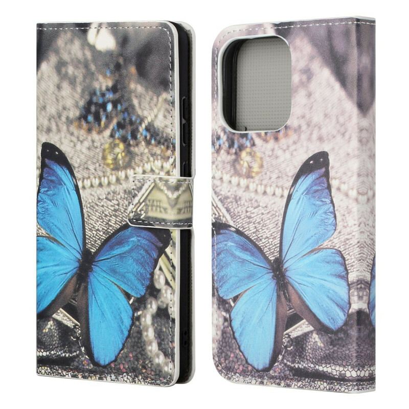 Capa Flip Para iPhone 13 Pro Borboleta Azul