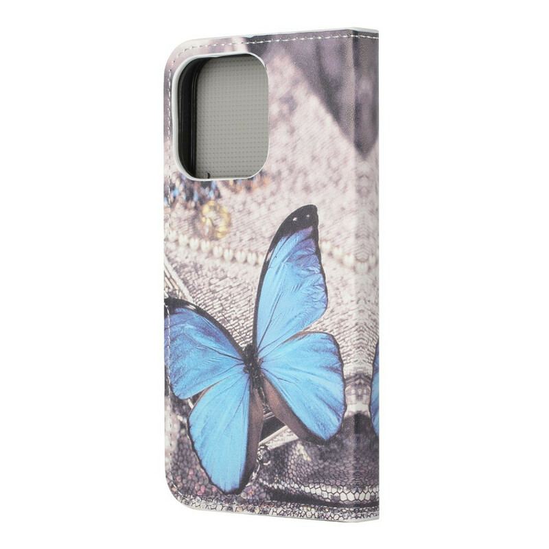 Capa Flip Para iPhone 13 Pro Borboleta Azul