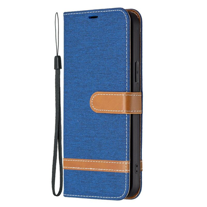 Capa Flip Para iPhone 13 Pro De Cordão Correia Efeito Tecido E Couro