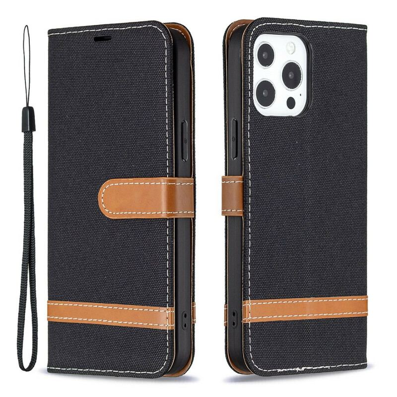 Capa Flip Para iPhone 13 Pro De Cordão Correia Efeito Tecido E Couro