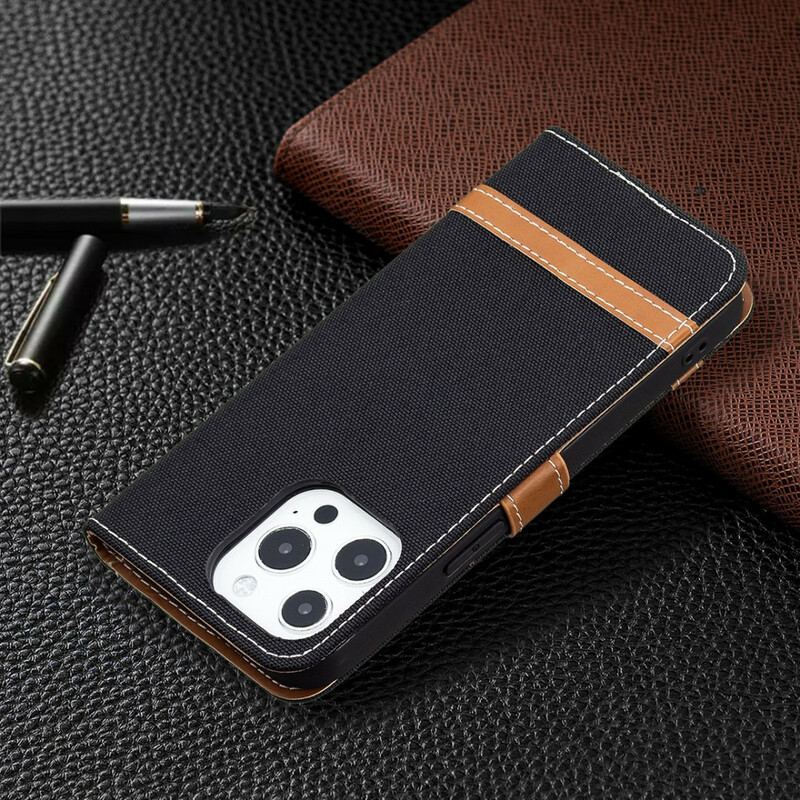 Capa Flip Para iPhone 13 Pro De Cordão Correia Efeito Tecido E Couro